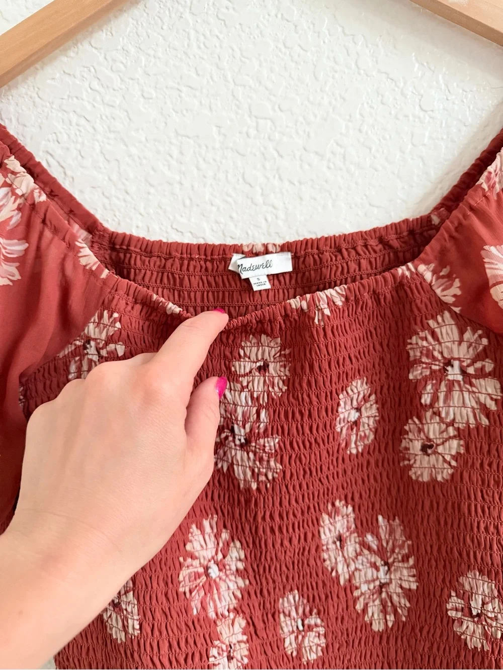 Madewell Georgette Lucie Puff Sleeve Smocked Bodice Top in Moody Blooms Rust S